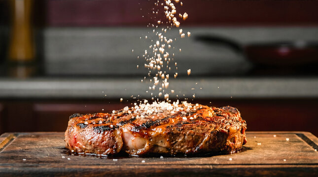 grilled ribeye beef steak wooden cutting board falling coarse sea salt cooking process dark kitchen background gourmet meat preparation culinary professional restaurant food