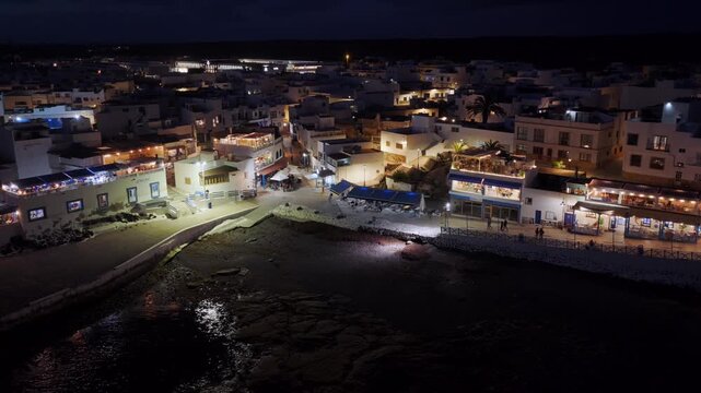 El Cotillo Fuerteventura Aerial View of Coastal Village Shorefront Restaurants and Hotels at Night