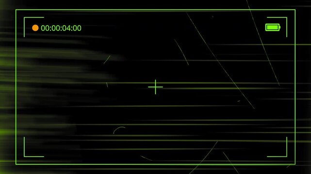 Green camera viewfinder overlay with recording HUD, timecode and glitch damage. Includes transparent alpha channel in ProRes 4444 for VFX, compositing and video editing.