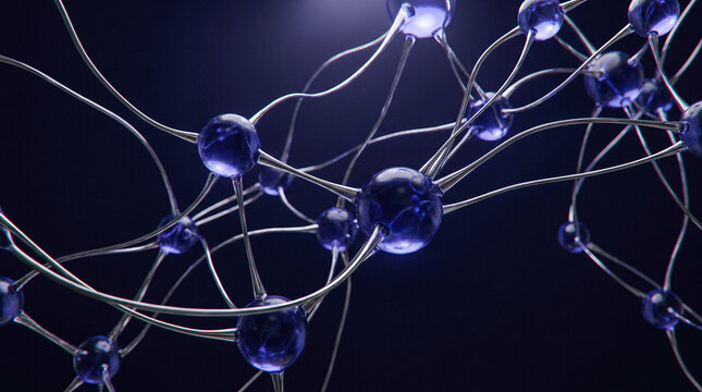 Abstract futuristic organic molecular network structure featuring transparent purple glass spheres connected by curved metallic silver neural lines over dark black background