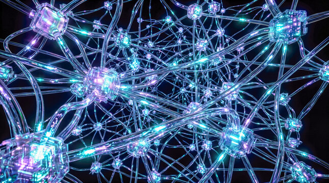 Futuristic abstract glowing blue purple neural network structure featuring interconnected fiber cables and crystal digital nodes representing high tech cyberspace data background