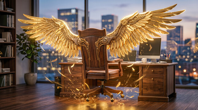 Luxurious modern office wooden chair featuring large glowing golden mechanical angelic wings displaying floating bright feathers against evening city skyline window corporate background