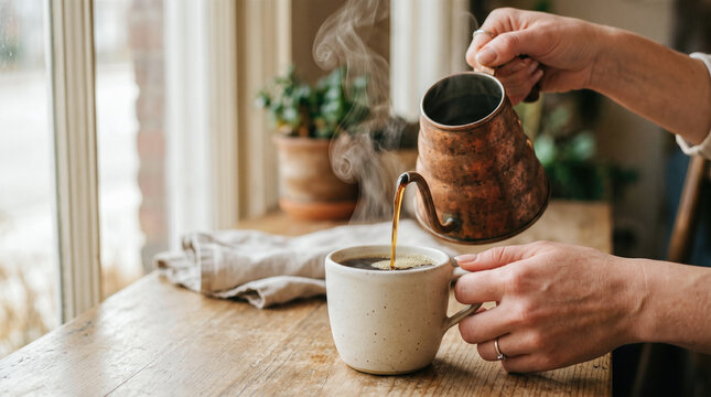 Female hands pouring hot steaming dark coffee from vintage copper kettle into rustic ceramic mug resting upon wooden table near bright cozy window