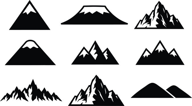 Three mountain peaks icons with different shapes and styles for design Vector