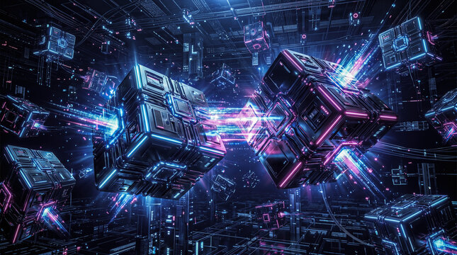 Abstract futuristic glowing cybernetic metal cubes floating inside complex dark digital cyberspace network environment showing bright pink blue neon light data communication streams