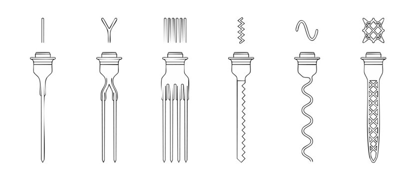Tattoo needle configurations vector diagrams showing cartridge types for micropigmentation, cosmetic PMU, and body art shading in a clean minimalist black outline icon set on white background.