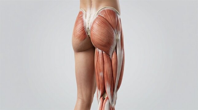 Posterior view of human gluteal and thigh muscles, medical anatomy