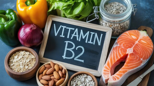 A small wooden chalkboard displays the text vitamin b2 surrounded by fresh raw salmon and healthy organic vegetable ingredients