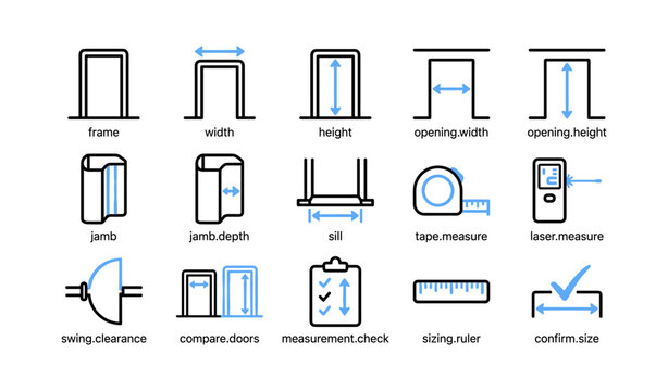Door measurement and sizing icons arranged in grid