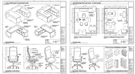 Fototapeta premium Technical furniture design specifications and office layout schematics