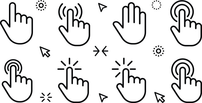 Hand cursor and mouse click line vector icon set with tap touch gesture finger and arrow pointer elements