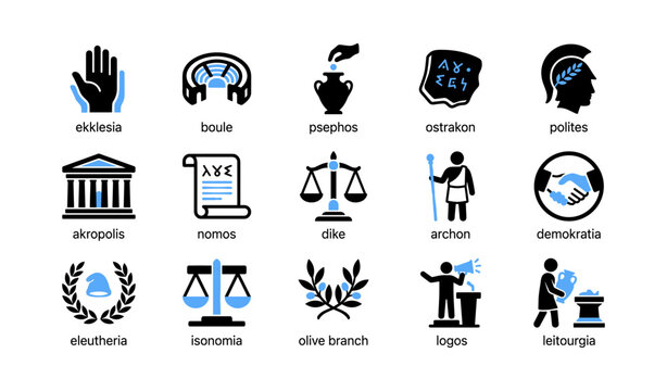 Ancient greek civic and democracy icons on white background