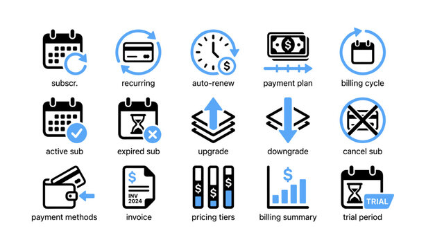 Subscription and billing icons grid displayed on white background
