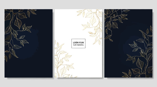 Set of three luxury invitation card templates with gold botanical line art on dark blue and white backgrounds