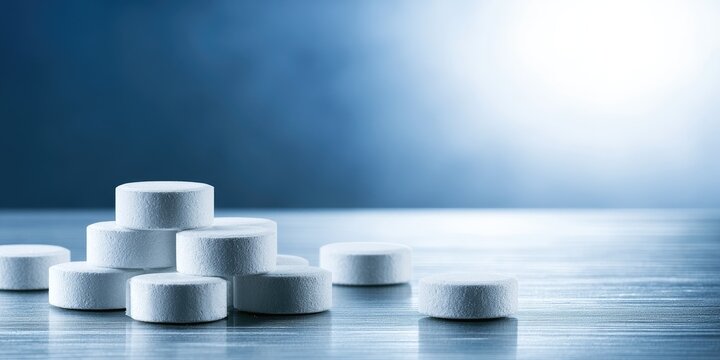 Pile of white circular pills on a reflective surface with blue bokeh background