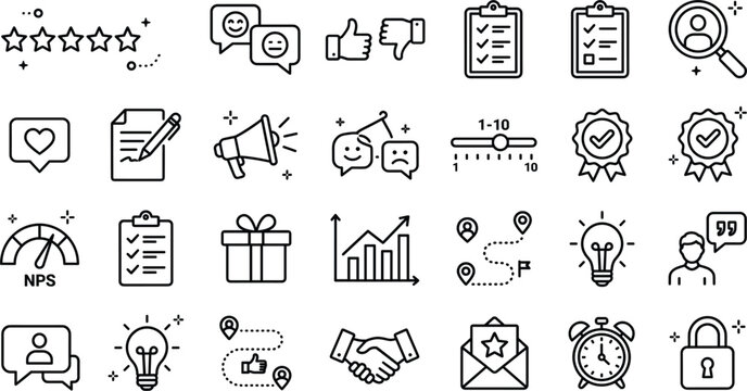 Customer feedback user experience and review outline icon set featuring star rating testimonial megaphone survey nps linear design