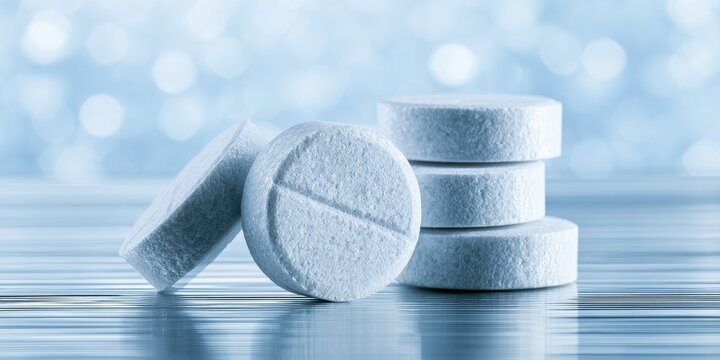 Stack of white round pills with a groove, beside two more pills