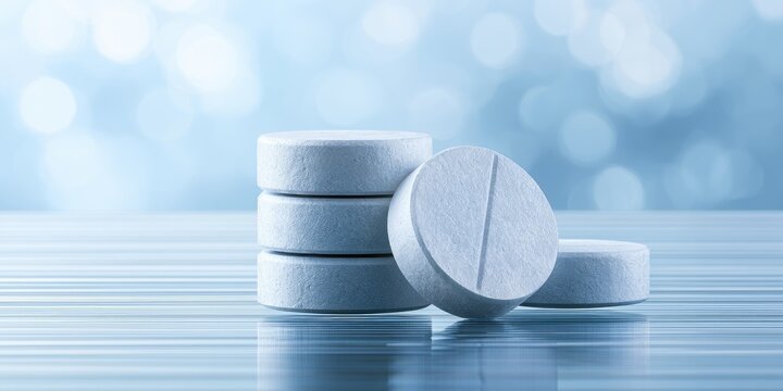Stack of white round pills with a single pill in front, on reflective surface