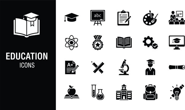 Set of black and white education icons for school and learning materials Vector