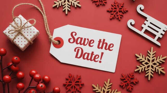 White paper gift tag with the red text save the date displayed flat on a vibrant festive red colored background
