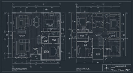 Obraz premium Ground and upper floor plan architectural blueprints for a villa