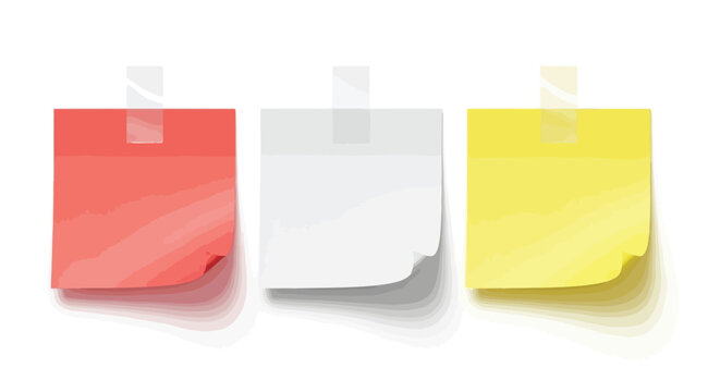 Set of three colorful sticky notes with tape, red, white and yellow paper sheets for reminders, blank square memo pads
