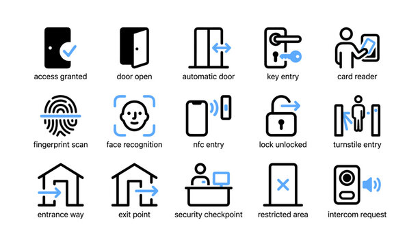 Access control and entry icons showing authentication and door points