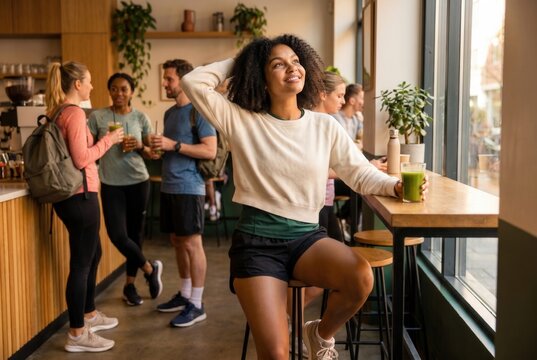 Woman holding a green smoothie, relaxing in a cafe with friends after a workout