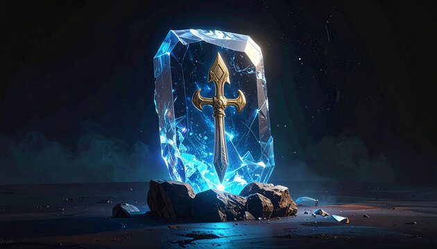Glowing crystal with gold trident inside fantasy setting
