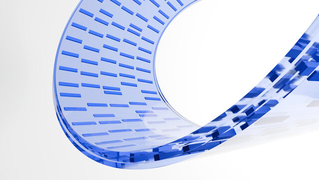 Abstract 3D high-tech background featuring a curved transparent glass ring with blue data blocks. Ideal for cloud computing, digital networking, big data, and software presentation design