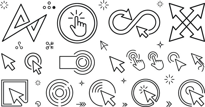 Mouse cursor pointer and finger tap click line vector icon set with infinity loop interactive UI navigation elements