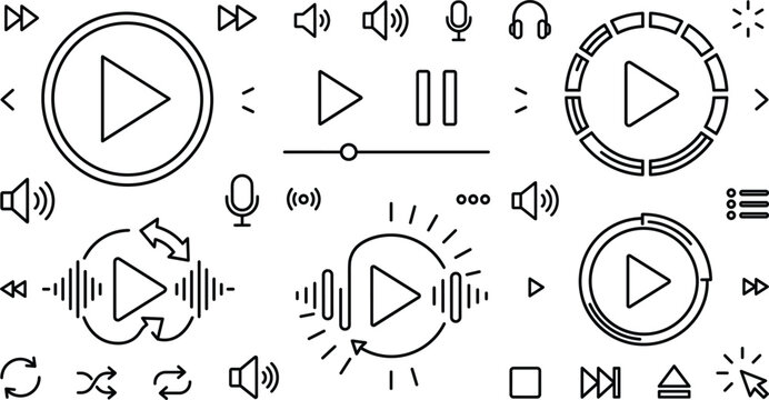 Multimedia audio video player line vector icon set with play pause button sound wave volume and headset elements