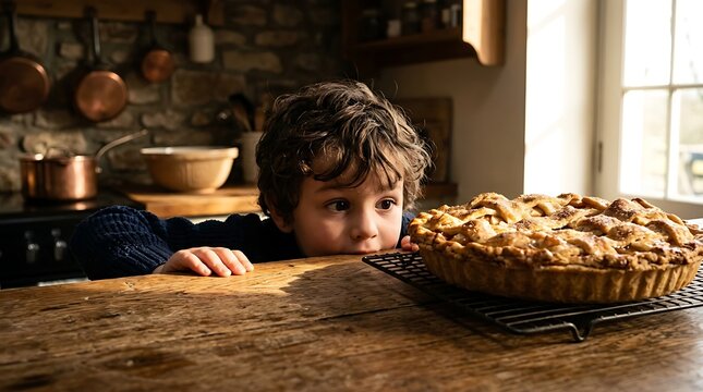 Young boy peeking at a freshly baked apple pie in a rustic kitchen
