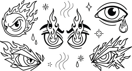 Old school tattoo style burning eye vector collection with flames crying tears sharp jagged tribal lines flash art elements © MD