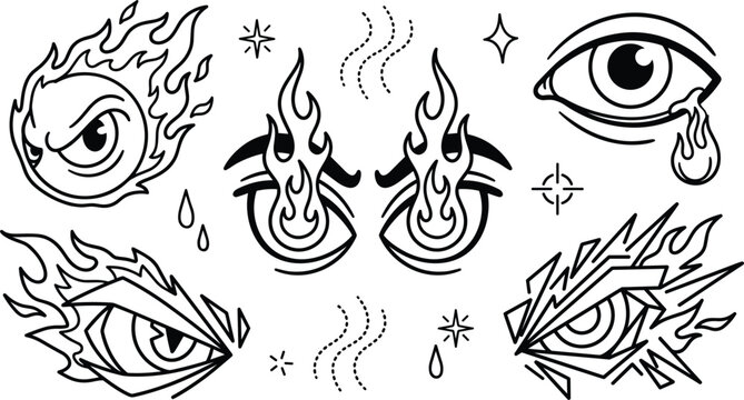 Old school tattoo style burning eye vector collection with flames crying tears sharp jagged tribal lines flash art elements