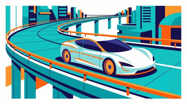 Flat illustration of a futuristic sports car driving on an elevated city highway representing modern urban transportation and smart mobility solutions