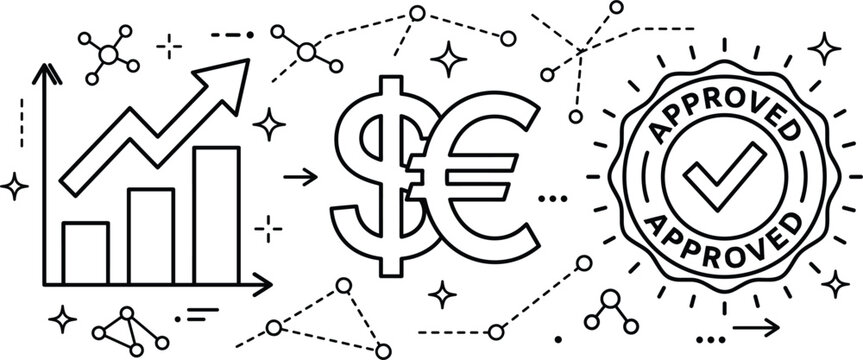 Financial growth profit approval line vector illustration with market chart currency dollar euro symbols approved stamp banner concept