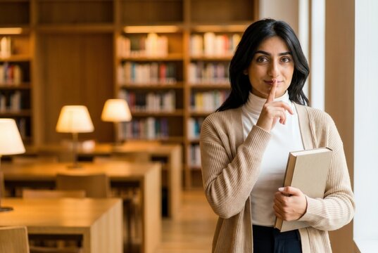 Young woman shushing for silence in a quiet library, encouraging education and study