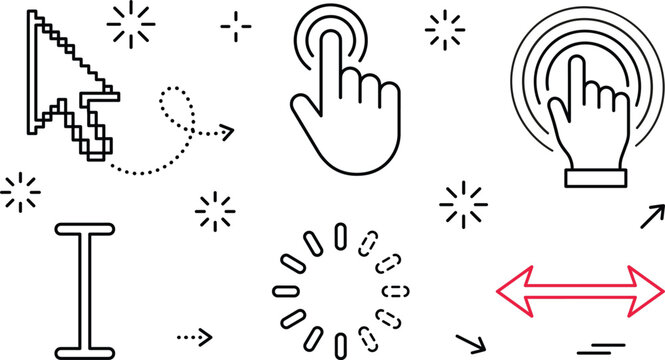 Pixel mouse cursor and hand touch gesture line vector icon set with text selector loading spinner interface elements