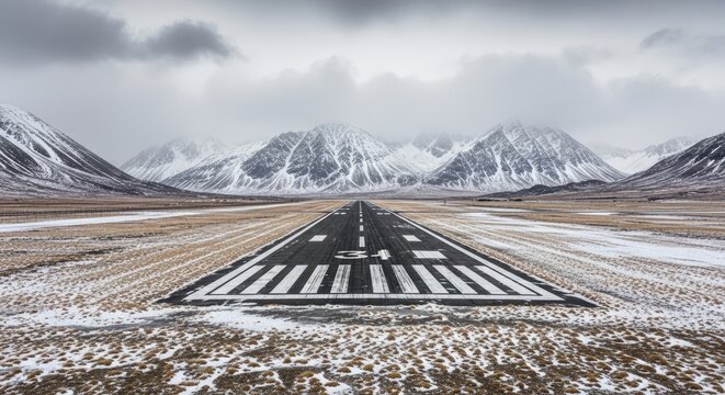 Snowy runway leading to majestic mountains under a cloudy sky landscape
