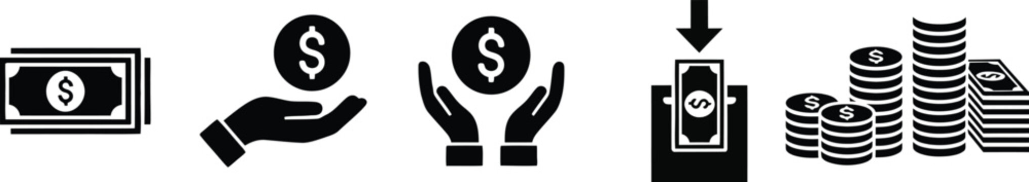 Hands exchanging money with dollar bills and coins stacked on table Vector