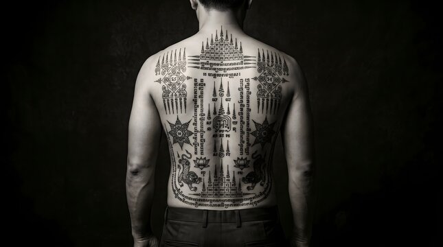 Back view of a man with traditional Thai Sak Yant tattoo design, full back spiritual tattoo art, black and white style.