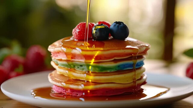 Pancakes with colorful layers are stacked on a plate as syrup is poured over them topped with blueberries and raspberries