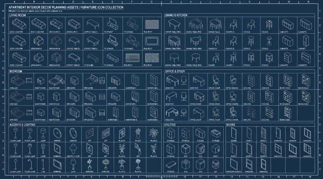 Isometric furniture icons set for interior design and floor plan