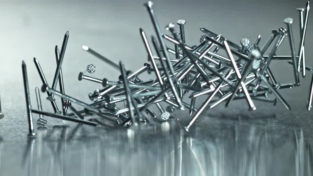 Scattered steel nails lying across surface. Low angle macro capture Filmed on a high-speed camera at 1000 fps.