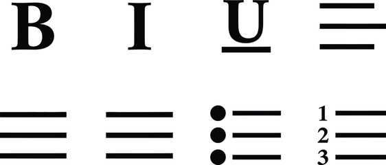 Capital letters b i u with underline options and bullet point list examples Vector © MstSonia