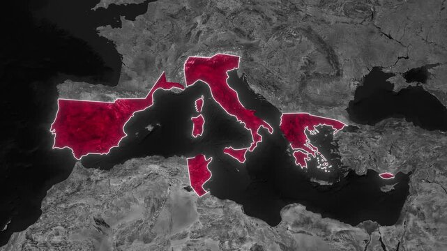 Roman Republic Map Animation around BC 100. Documentary, glowing outline, Dark map animation of the Roman Republic. 4k.