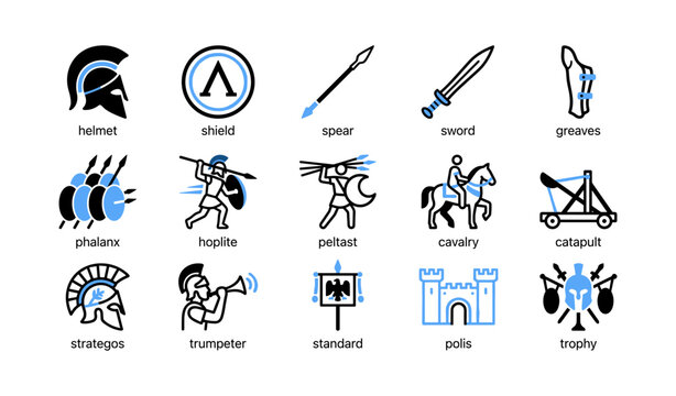 Ancient greek warfare icons showing weapons troops and equipment