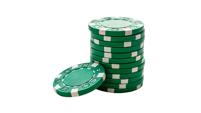 Stack pile of classic green casino gambling chips tokens isolated on transparent background