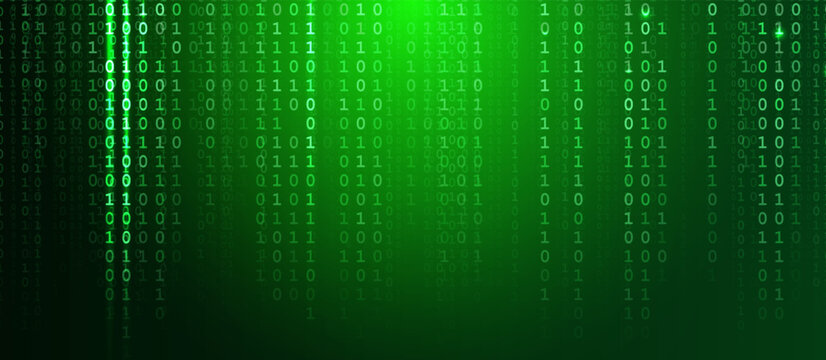 Binary code background, digital data stream, green technology background for cybersecurity data security vibe software coding AI cloud B2B vibe. Vector Illustration